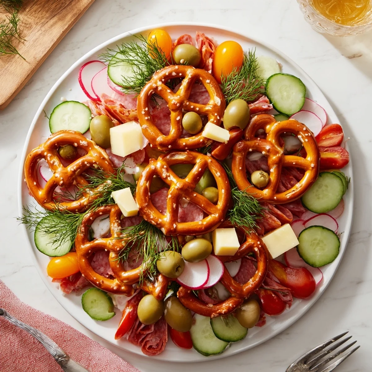 Golden-brown Bretzel Arbre de Vie savory platter, overflowing with fresh cheeses and cured meats.