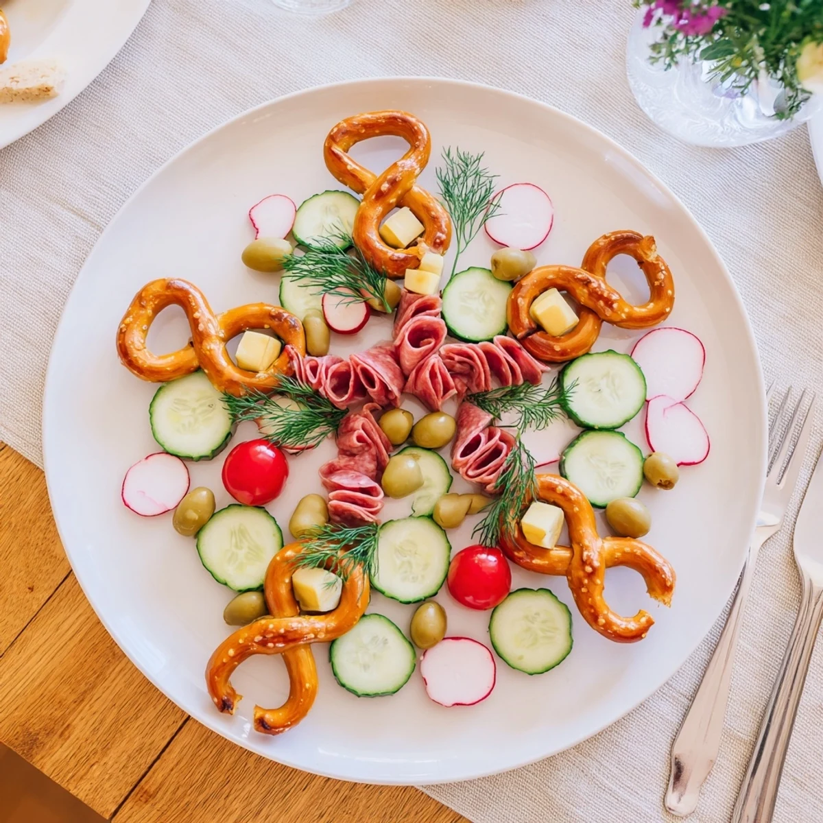 A festive overhead shot of the Bretzel Arbre de Vie, showcasing pretzel "branches" with colorful bite-sized snacks.