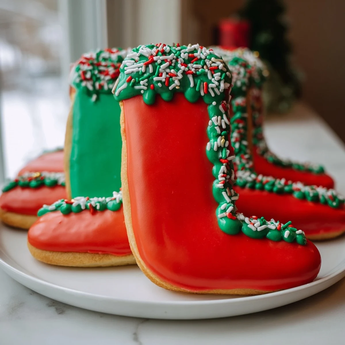 Buttery, festive Christmas boot-shaped delights adorned with red, green, and white icing and sprinkles.