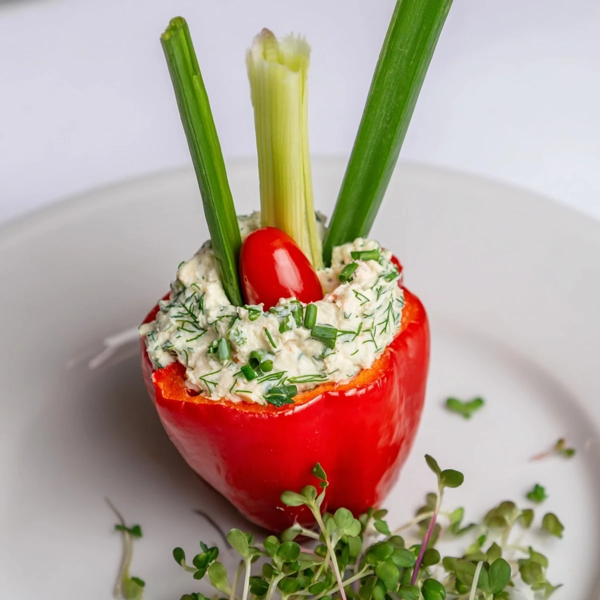 Freshly assembled Blooming Tulip Veggie Cups, showing colorful bell peppers overflowing with a herbed cream cheese filling.