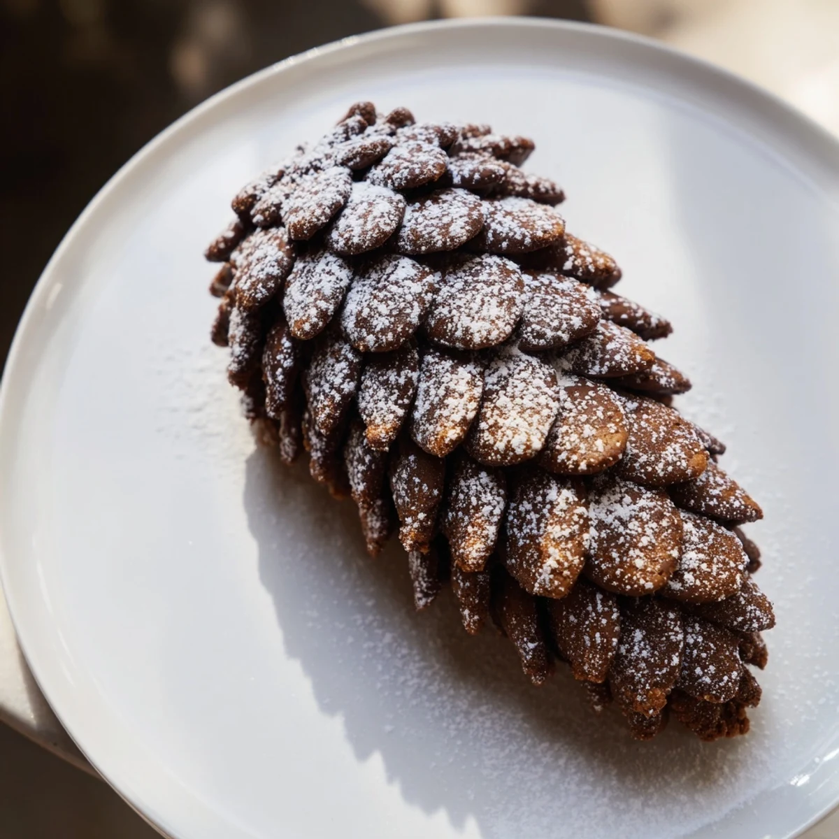 Pinecone shaped peanut butter cookies, golden and textured, ready to enjoy with a warm drink.