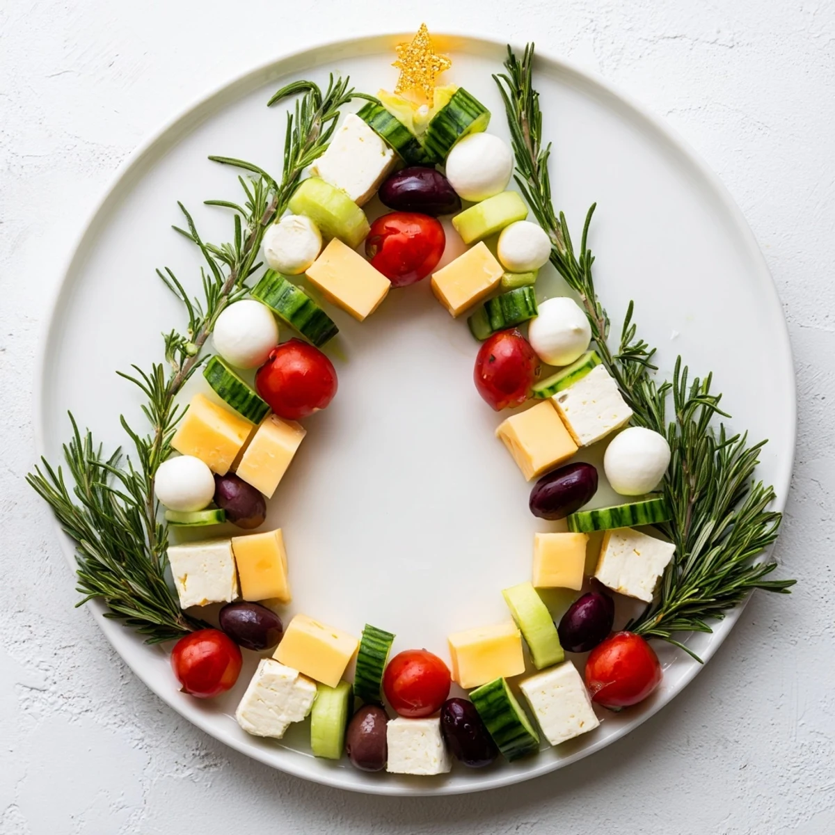 Bright, cheery photo of a holiday Cheese & Olives pine tree wreath, ready to serve.