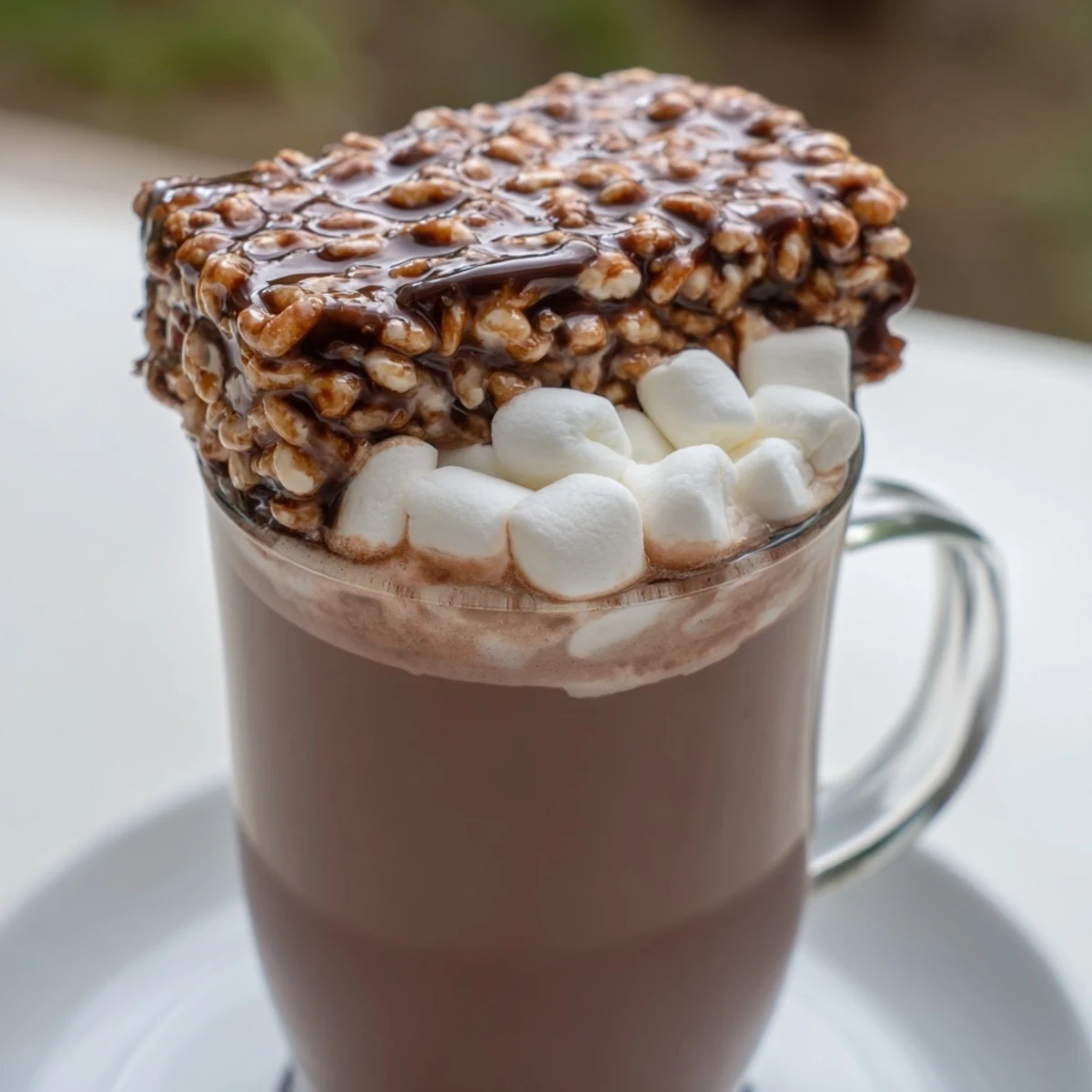 Indulgent photo of a warm hot chocolate and a sweet Bear Marshmallow Bar, perfect for dessert.