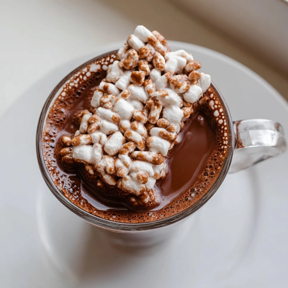 Rich hot chocolate topped generously with a homemade Bear Marshmallow Bar, ready to enjoy.