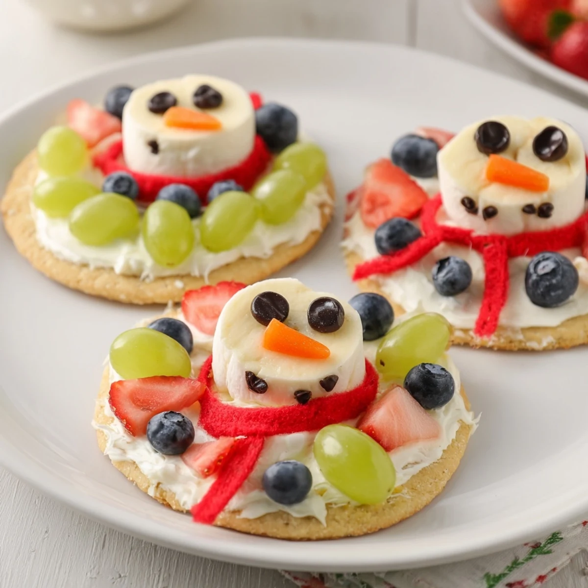 Imagine a delicious Melting Snowman Fruit Pizza: A sweet, decorated dessert perfect for the winter holidays.