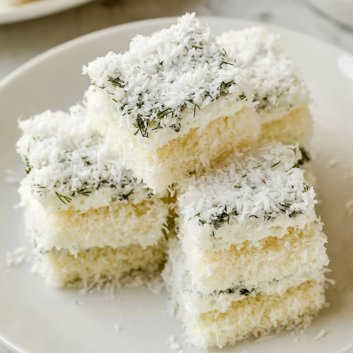 Snowball Tea Sandwich Bites, delicate, bite-sized snowballs with creamy filling and coconut coating.