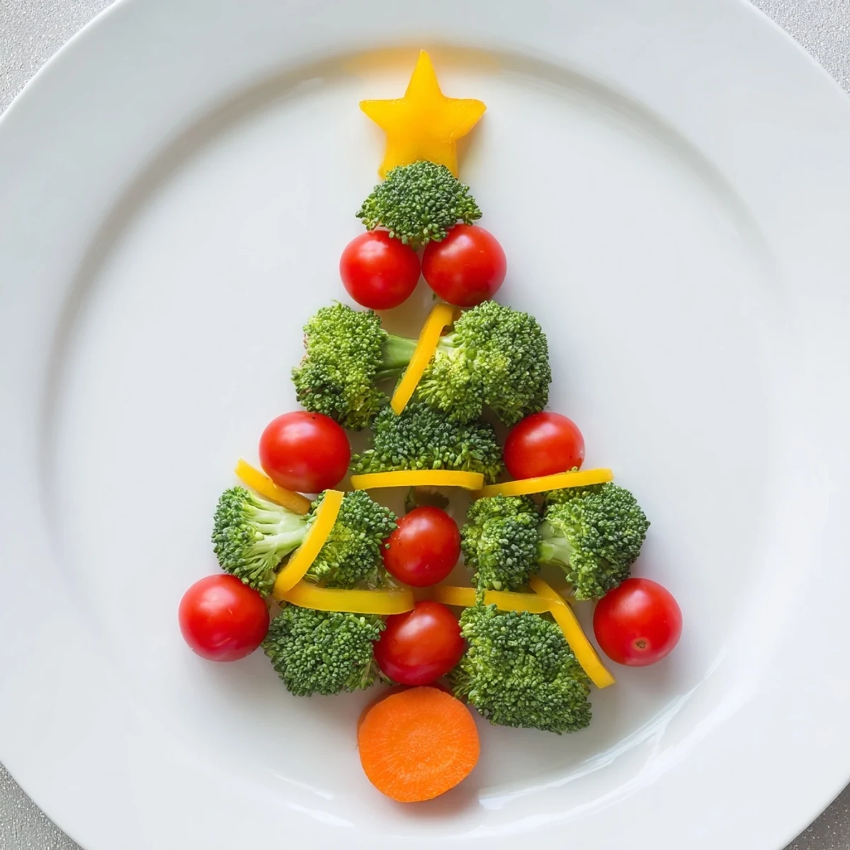 Fresh Broccoli Tree appetizer, cherry tomatoes and yellow pepper star atop a whimsical platter for kids.