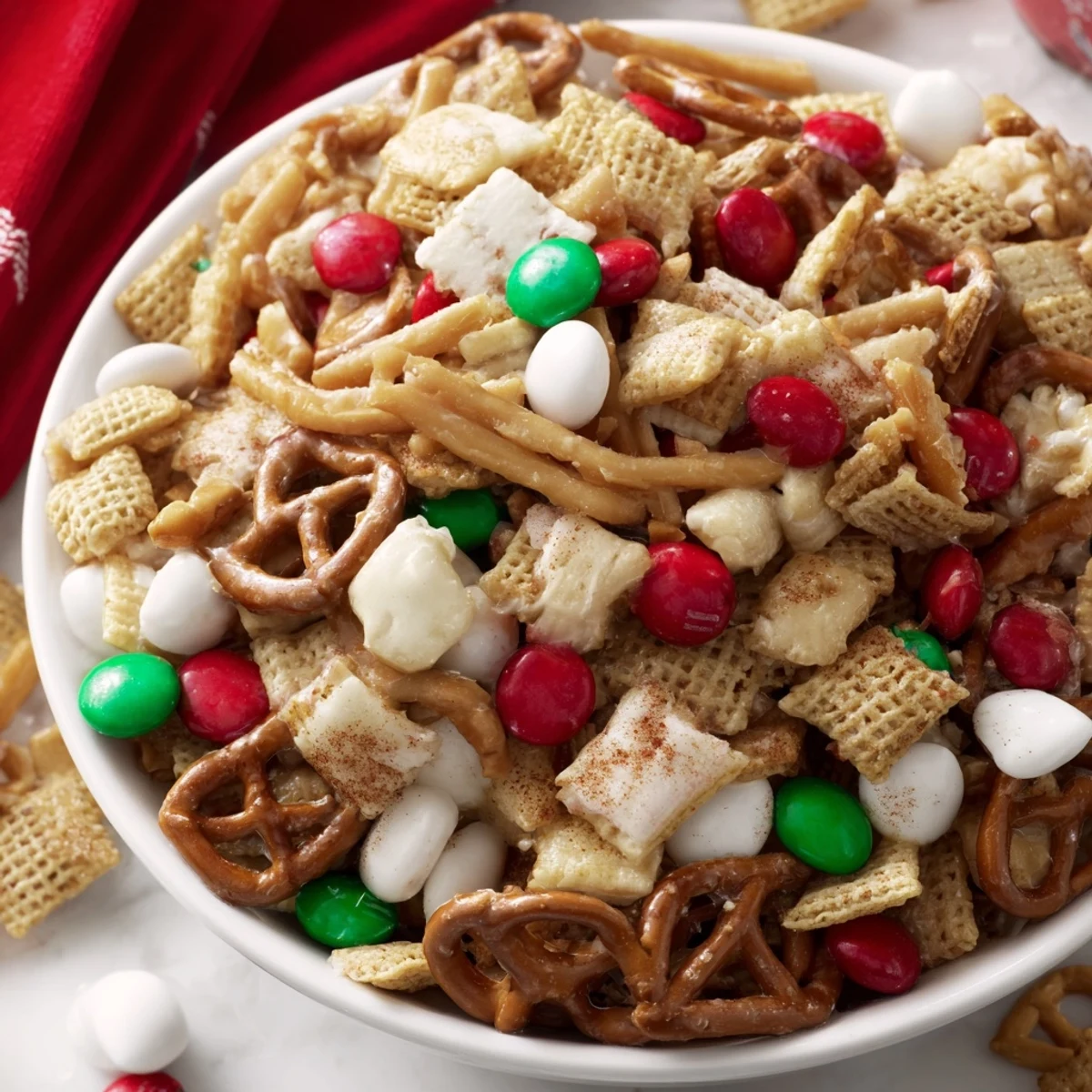 A vibrant bowl overflows with delicious Holiday Mix, a perfect snack for holiday parties.
