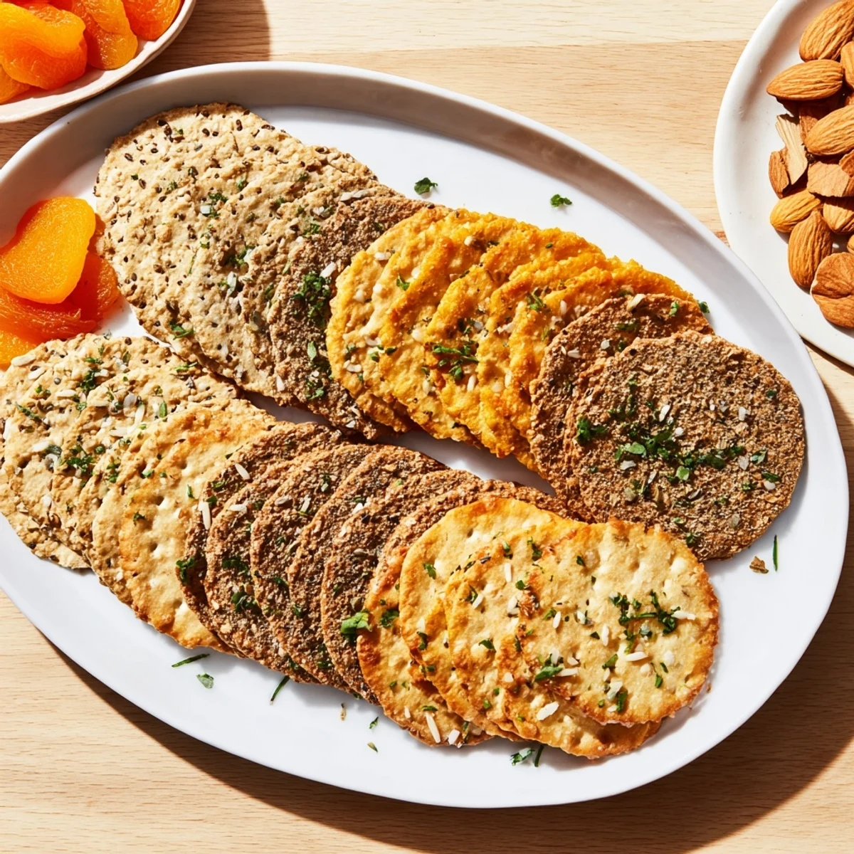 Gourmet Crackers fanned artfully—crisp whole grain, rosemary, and sesame crackers arranged for serving.