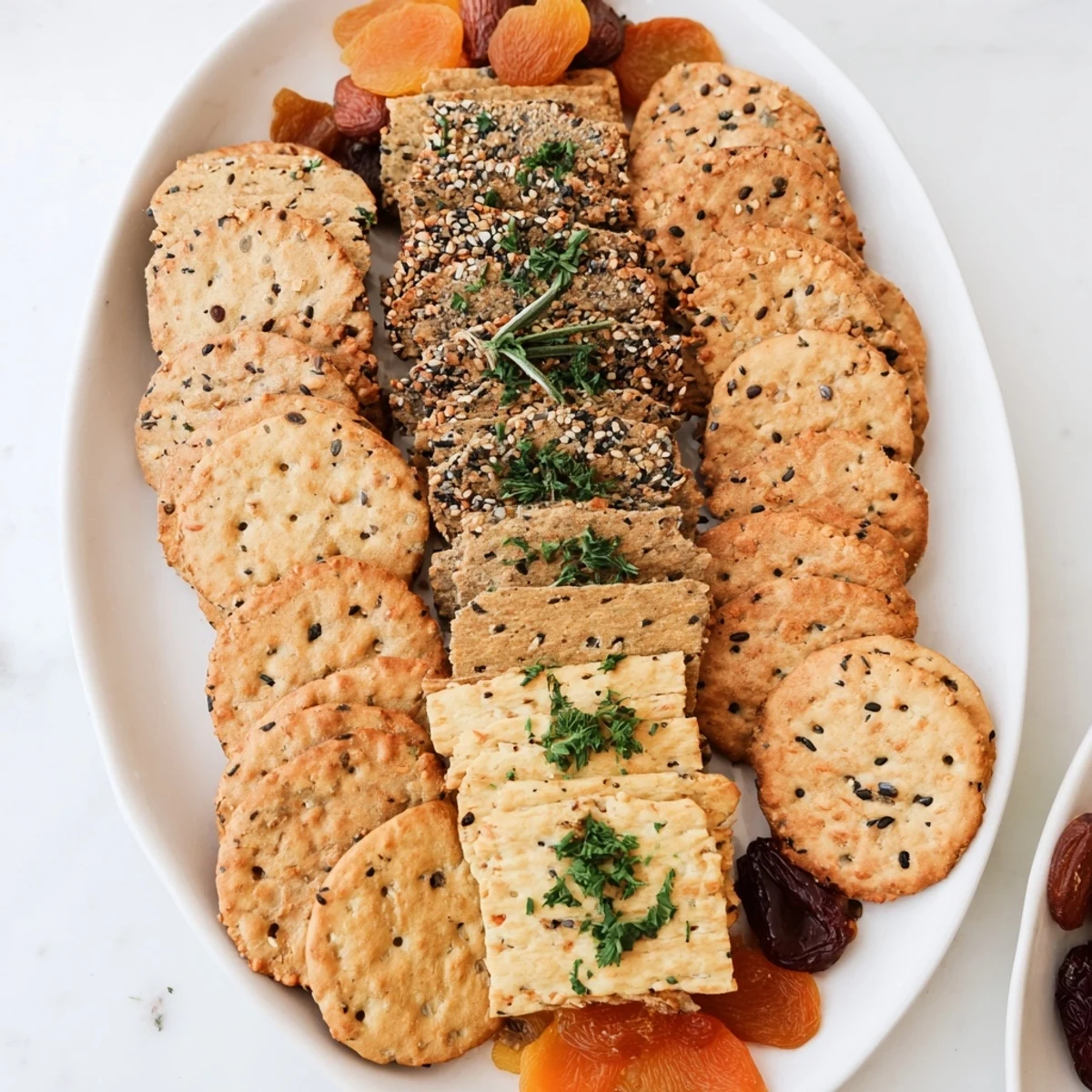 Delectable Gourmet Crackers shown, arranged on a platter, ready to complement a cheese board or appetizers.