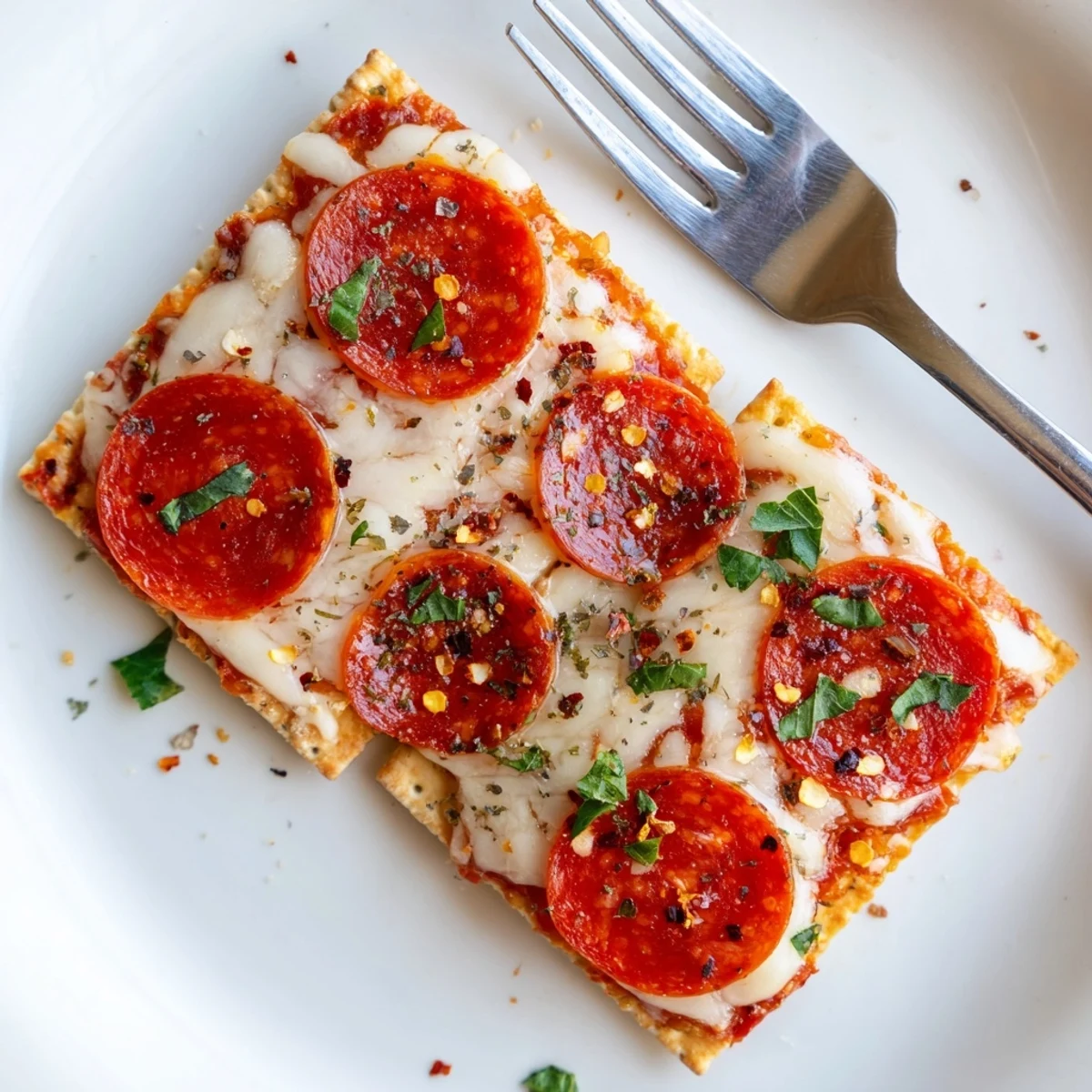 Delicious close-up of savory bites: pepperoni-topped crackers, ready for a flavorful appetizer.