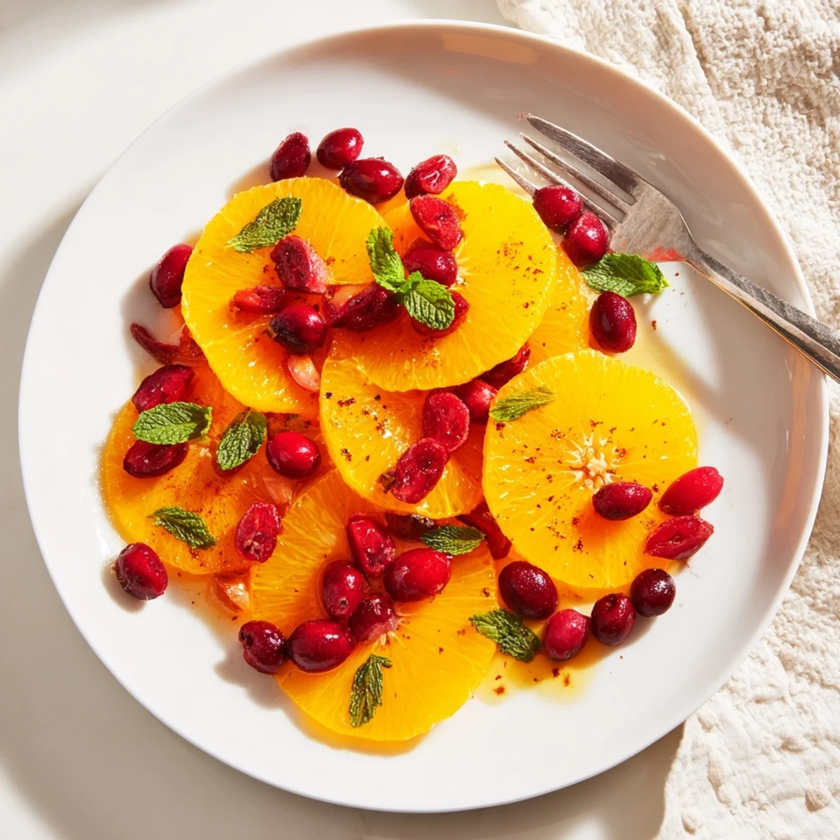 Bright, juicy orange slices and cranberries on a platter: a simple, refreshing winter fruit salad.