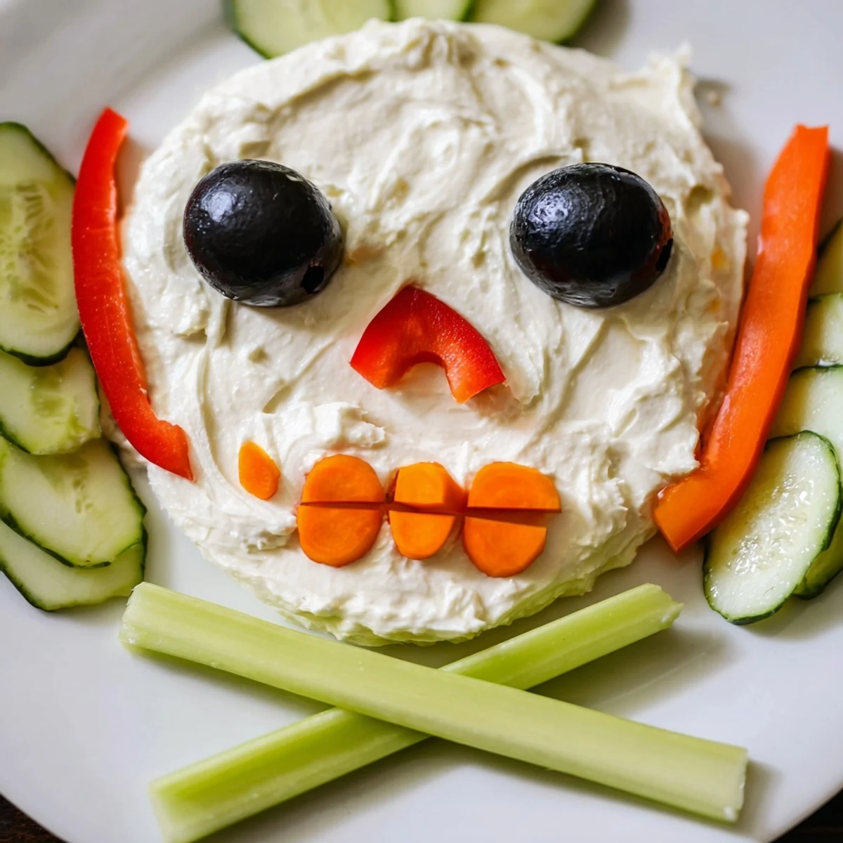 The finished Skull & Bones Spooky Spread is arranged with colorful vegetables and crunchy celery crossbones.