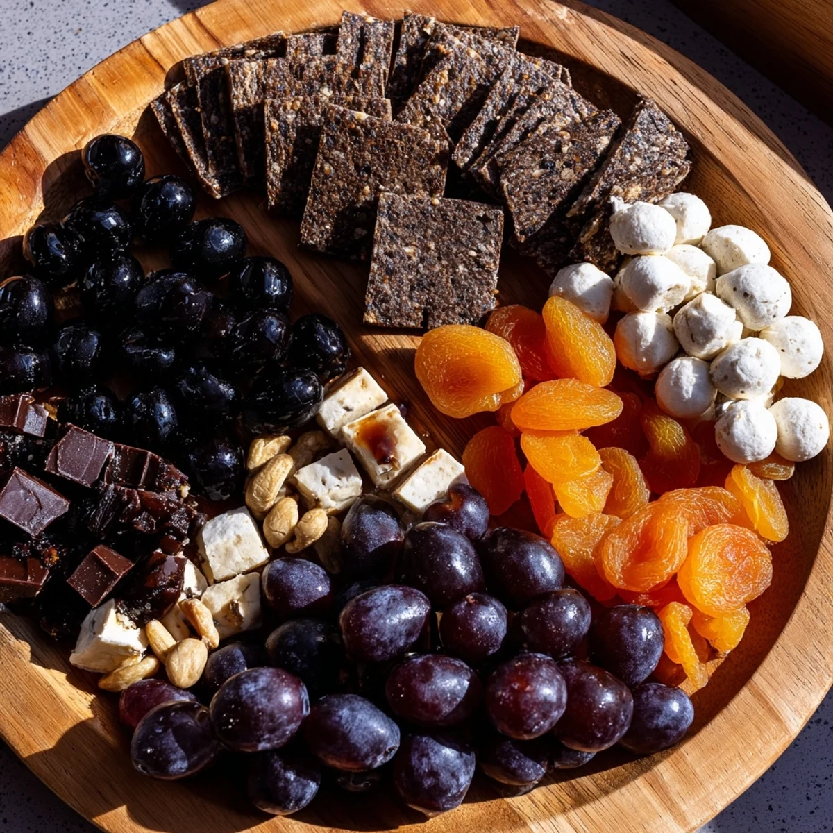 Image of a Yin and Yang Balance Board: a beautifully arranged appetizer with contrasting dark and light elements.