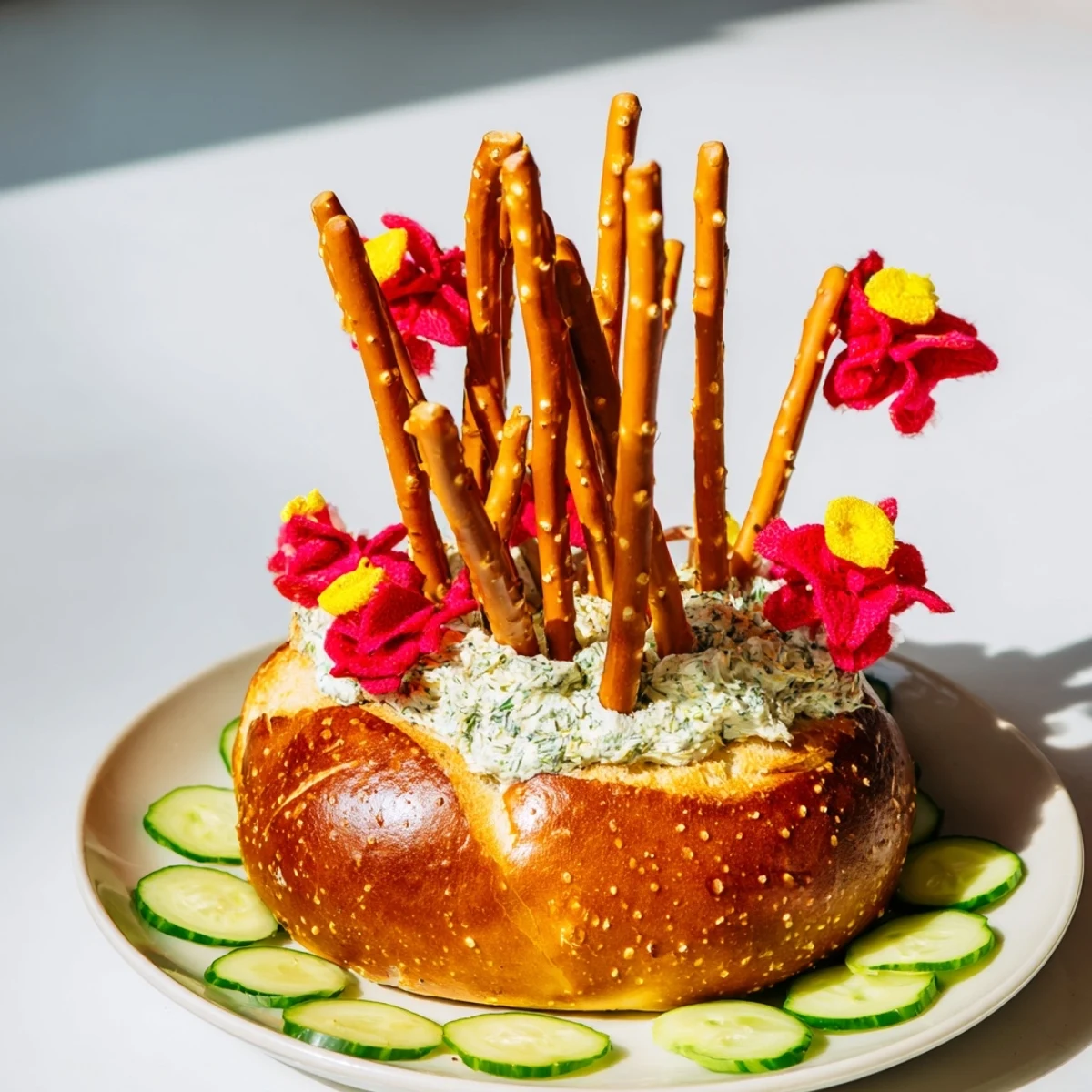 Appetizing The Desert Cactus Bloom appetizer shows prickly pretzel cacti with vibrant fruit leather flowers.