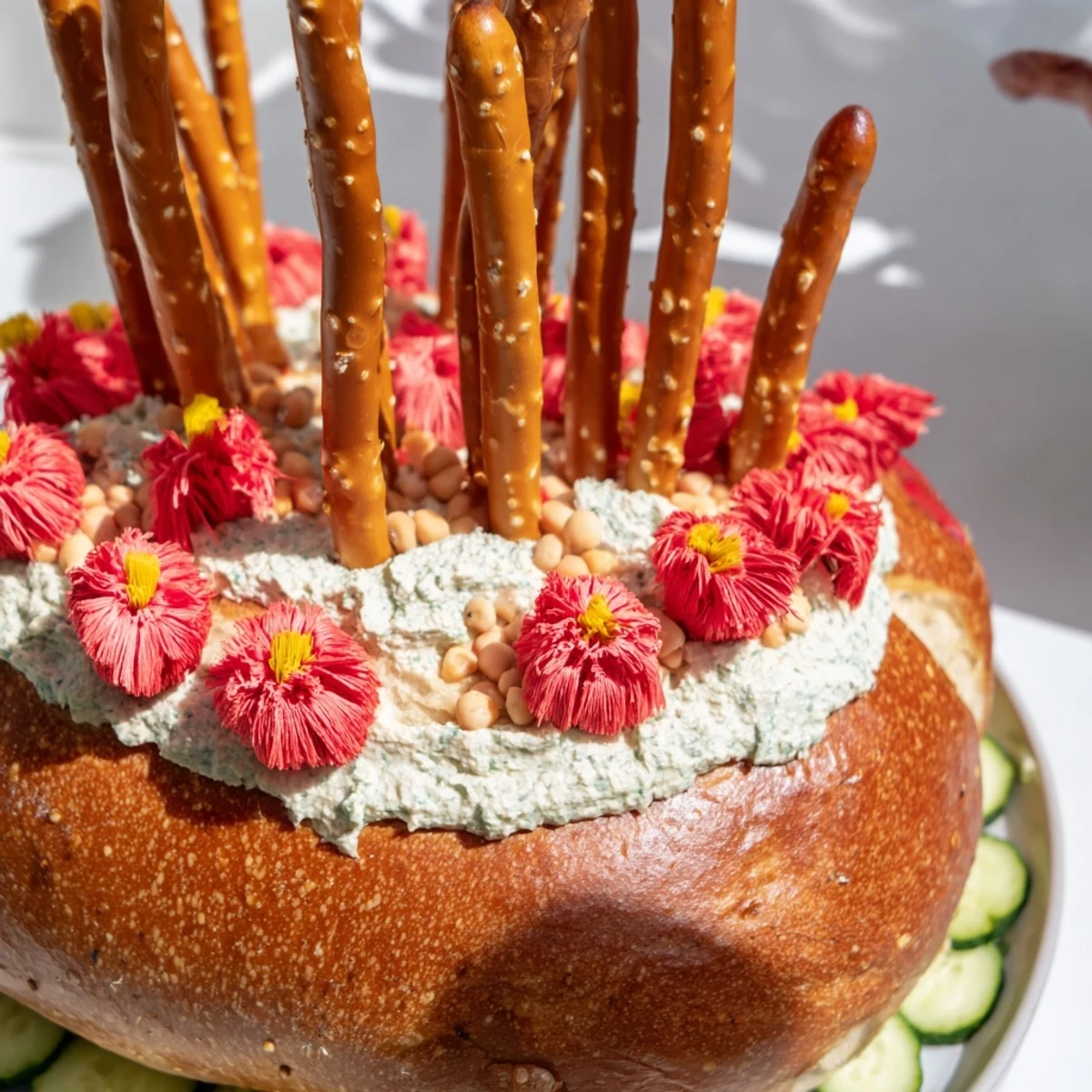 This creative The Desert Cactus Bloom appetizer boasts tall pretzel cactus needles for a fun, festive treat.