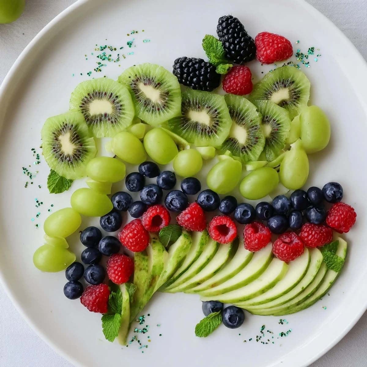 Colorful Aurora Borealis Sweep features vibrant arrangement of grapes, kiwi, and berries on dark platter.