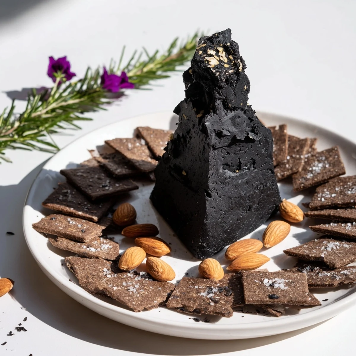 Obsidian Peak cheese platter, featuring a majestic black cheddar mountain with dark crackers and charcoal almonds.