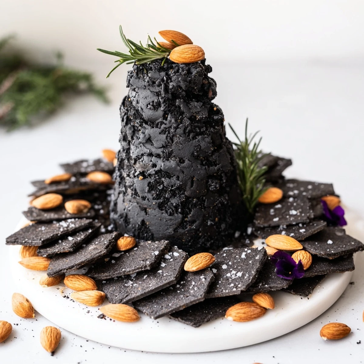 A close-up of The Obsidian Peak, this cheese platter is beautifully garnished with rosemary and black flowers.