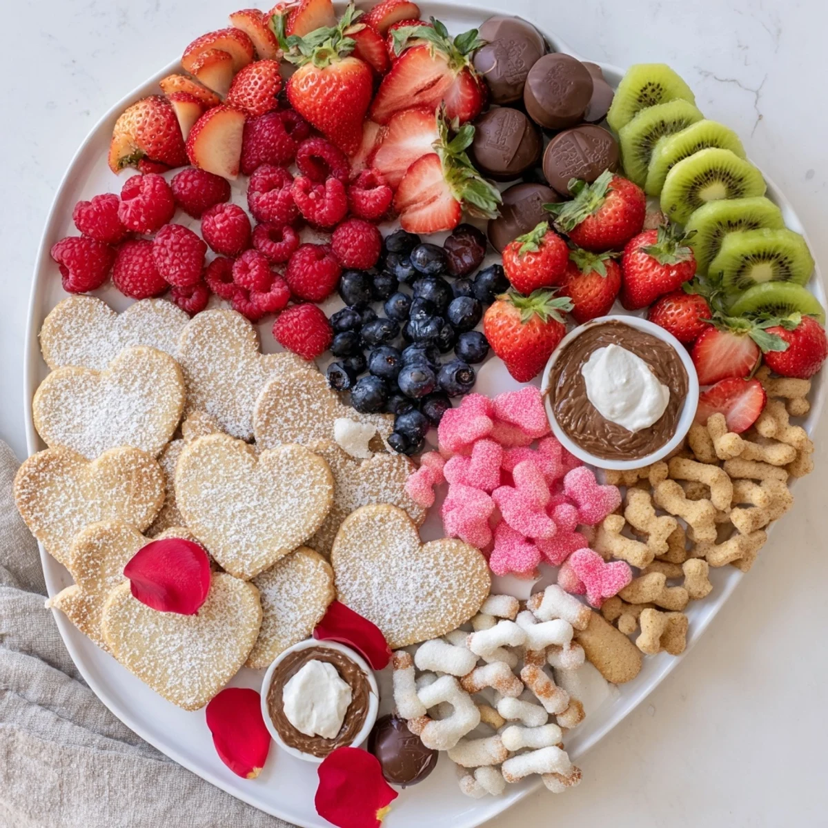 This romantic Love Letter Dessert Board displays a colorful arrangement of sweets and chocolates on a platter.