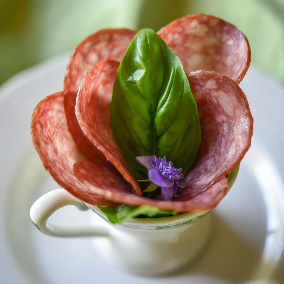 Victorian Tea Rose appetizer: beautifully arranged salami and pepperoni roses in elegant porcelain teacups ready to serve.