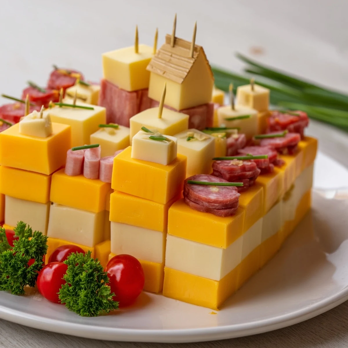 A close-up of The Checkerboard Chalet, a vibrant appetizer built with colorful, flavorful cheese and meat cubes.