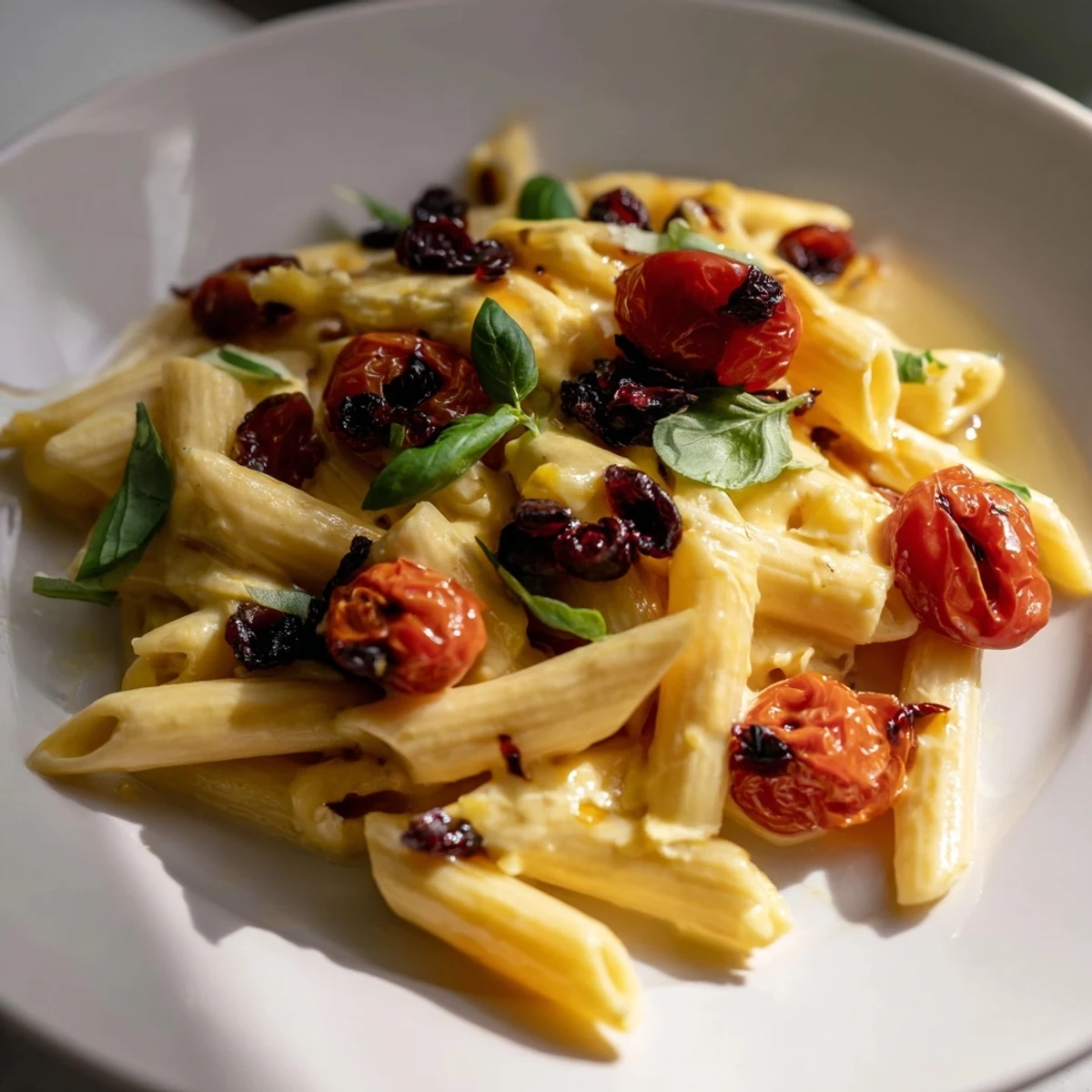 Creamy Baked Feta Pasta with Cranberries, bubbling hot, a festive vegetarian main course.