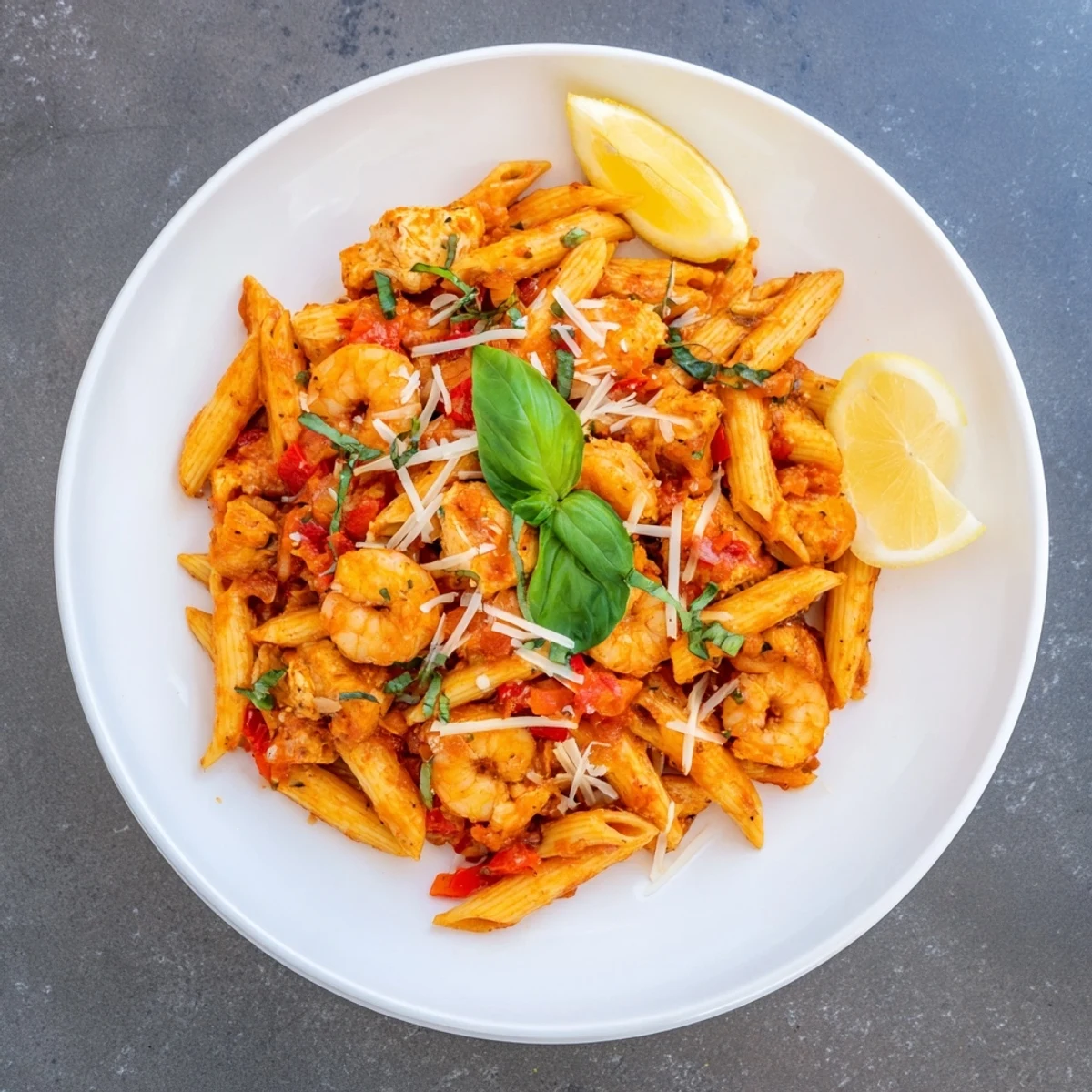 One-Pot Diavola Pasta with Shrimp: steaming bowl of pasta with shrimp and vibrant red tomato sauce.