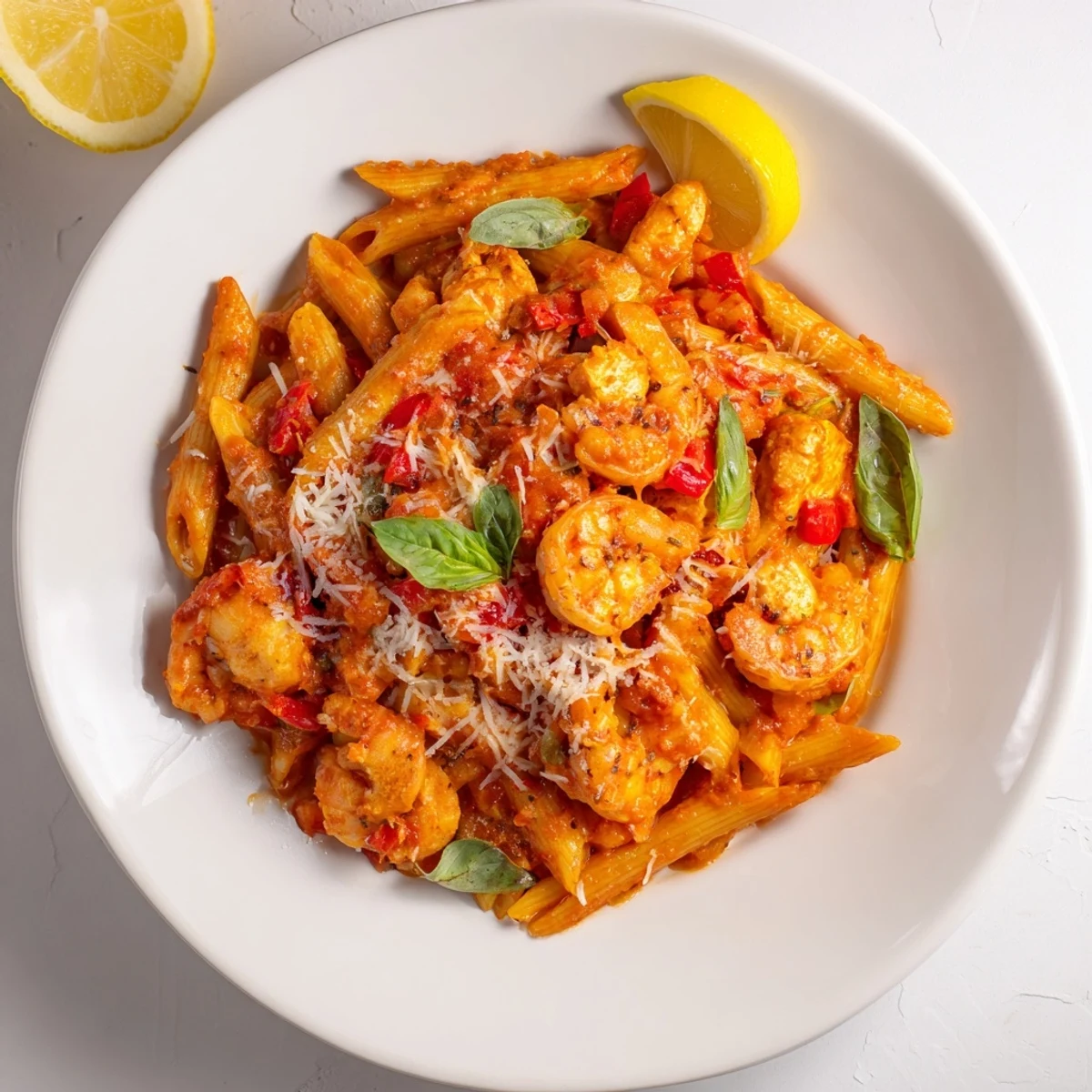 Spicy One-Pot Diavola Pasta with Shrimp, garnished with fresh basil and Parmesan cheese ready to enjoy.