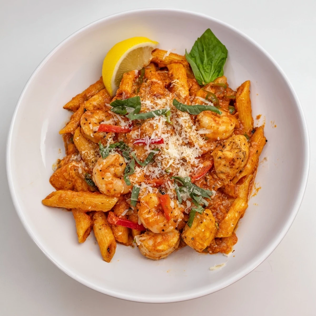 A beautiful, close-up shot of the finished One-Pot Diavola Pasta featuring perfectly cooked shrimp.
