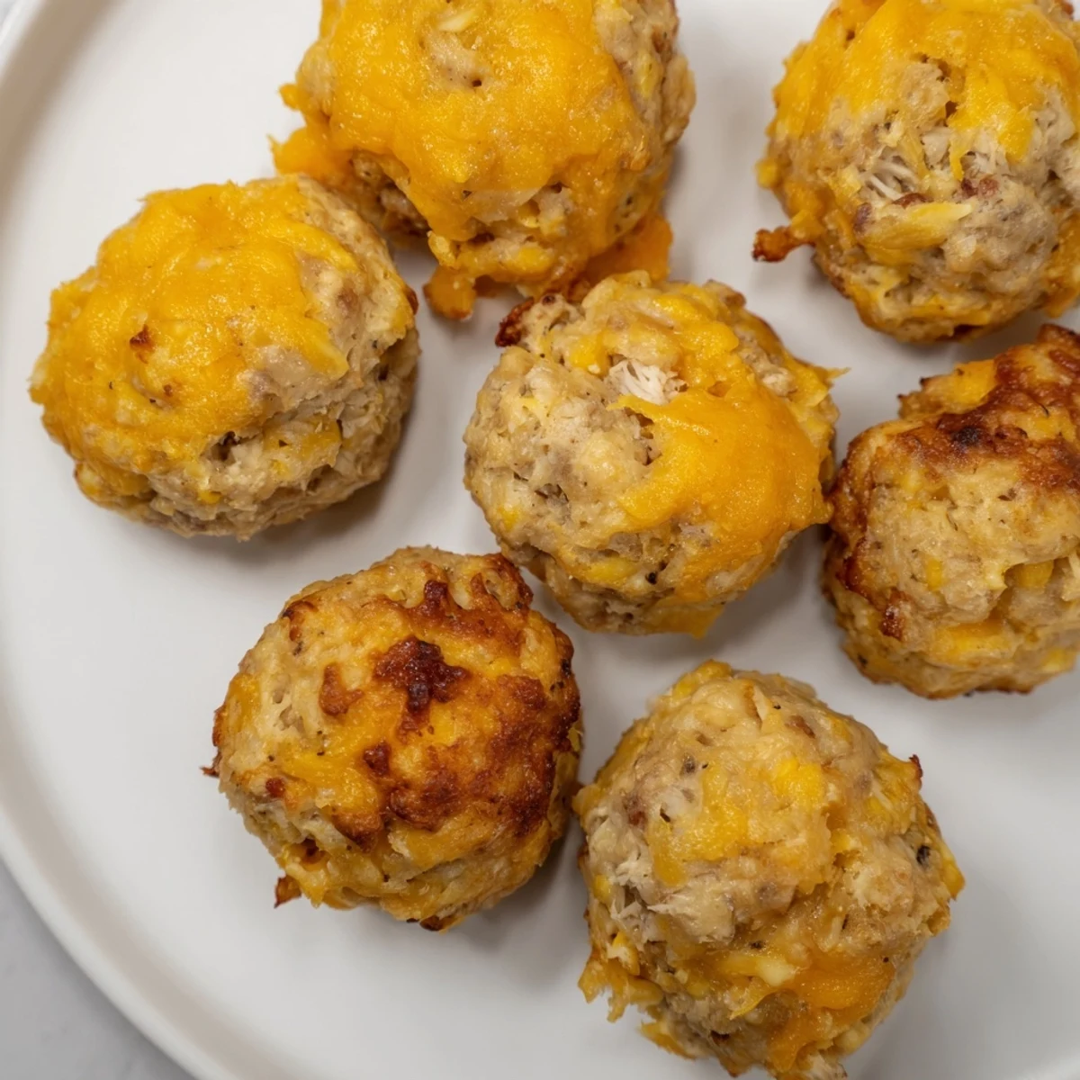 Golden-brown Chicken and Sausage Bisquick Balls, perfect for easy party appetizers with cheese.