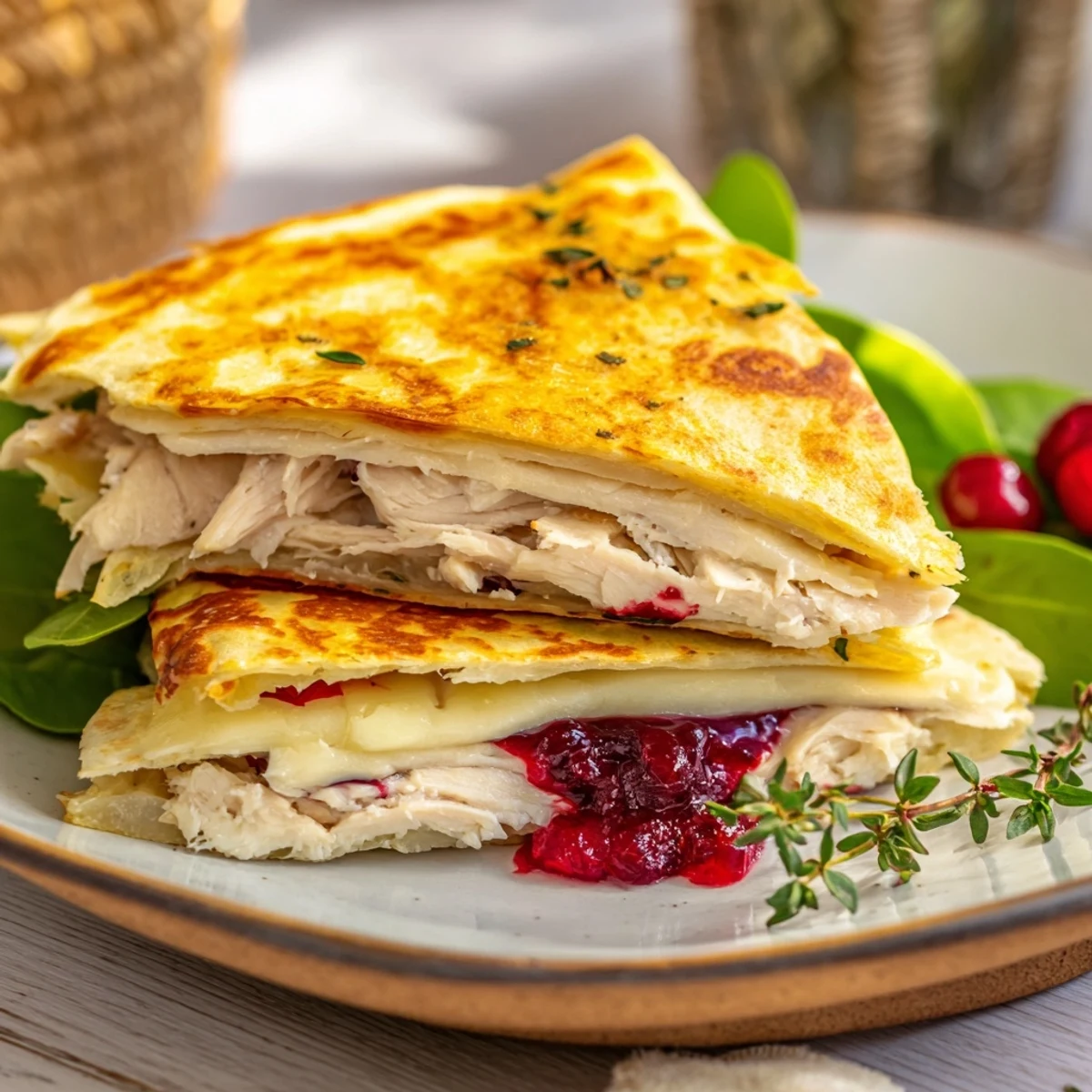 Toasted golden Chicken and Brie Holiday Wrap, featuring creamy brie and vibrant cranberry sauce, ready to eat.