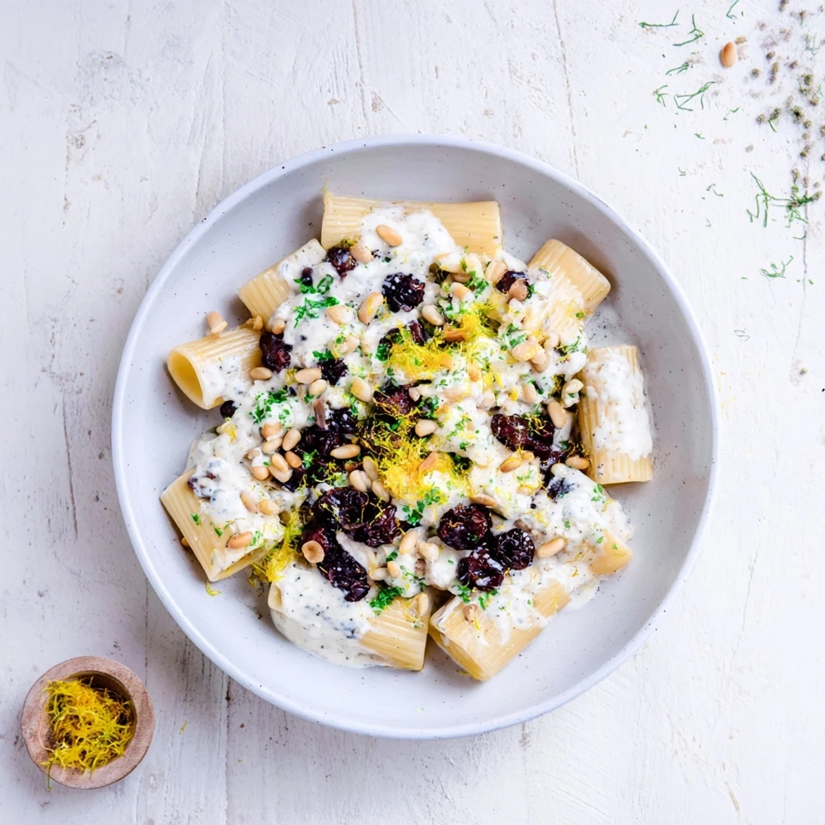 Creamy Pasta with Roasted Grapes, featuring blistered grapes and fresh basil scattered on top.