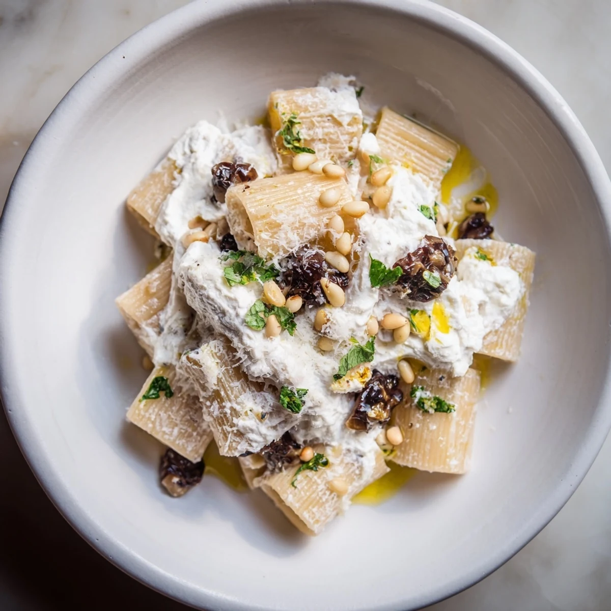 A close-up of pasta with roasted grapes—savory ricotta blends with the sweet grapes.