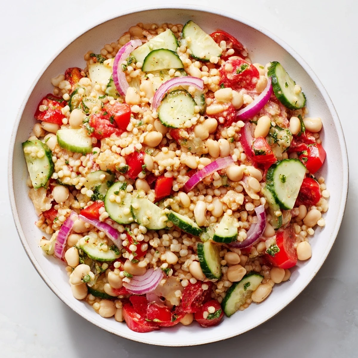 This hearty Dense Bean Salad with Prosciutto features a medley of beans and fresh ingredients, ready to enjoy.