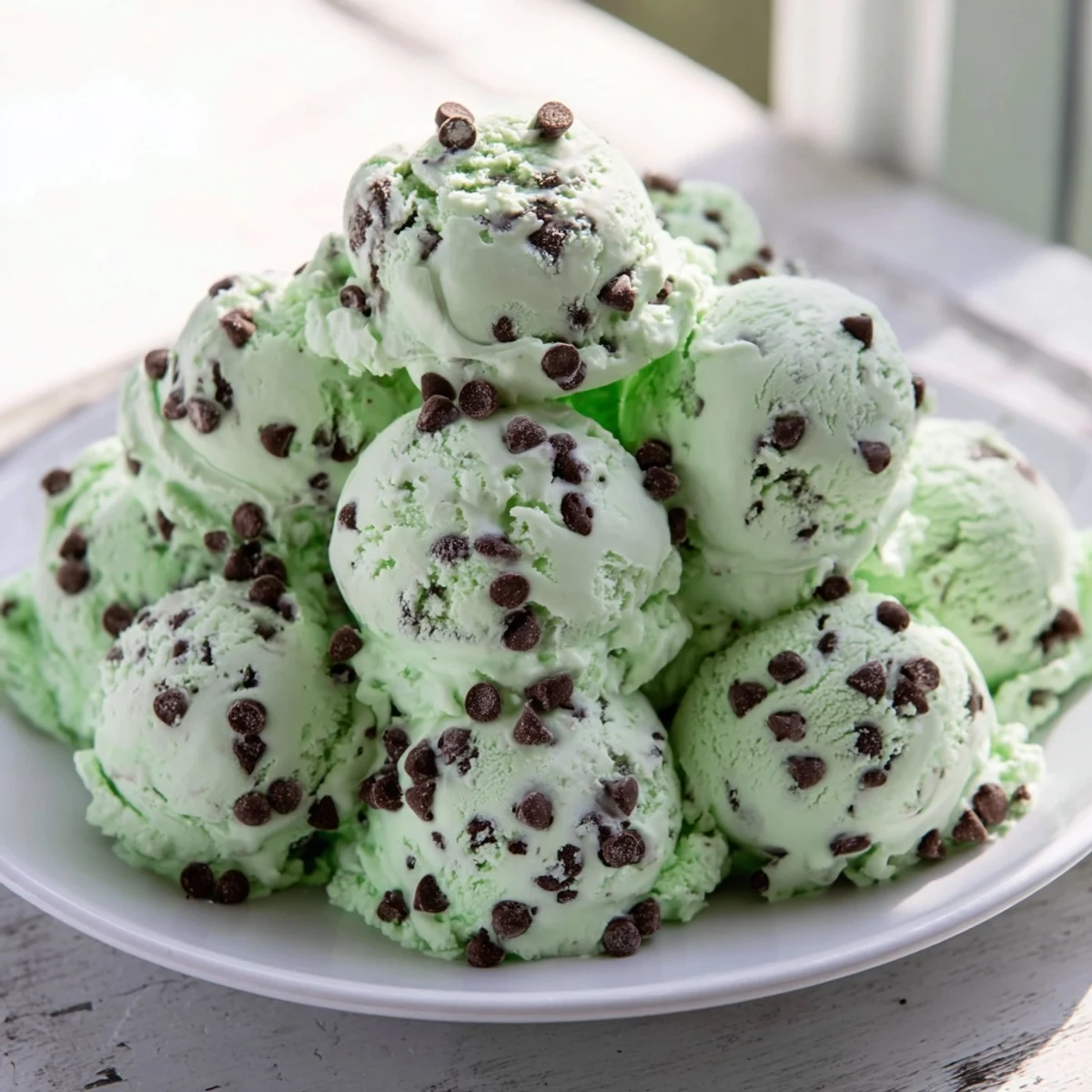Scoop of homemade mint chocolate chip ice cream, a cool, refreshing summer dessert.