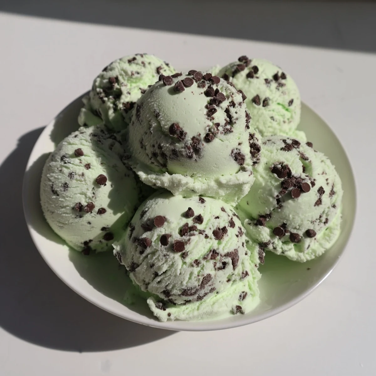 A close-up of mint chocolate chip ice cream, perfect textured bite with visible chips inside.