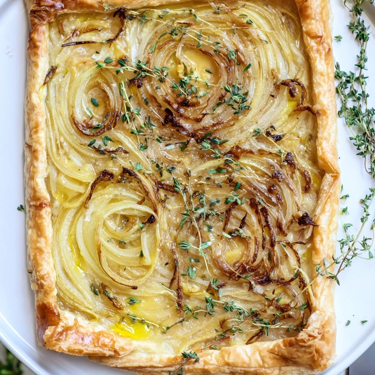 Golden, bubbling Caramelized Onion Tart with flaky crust, ready to enjoy as appetizer.