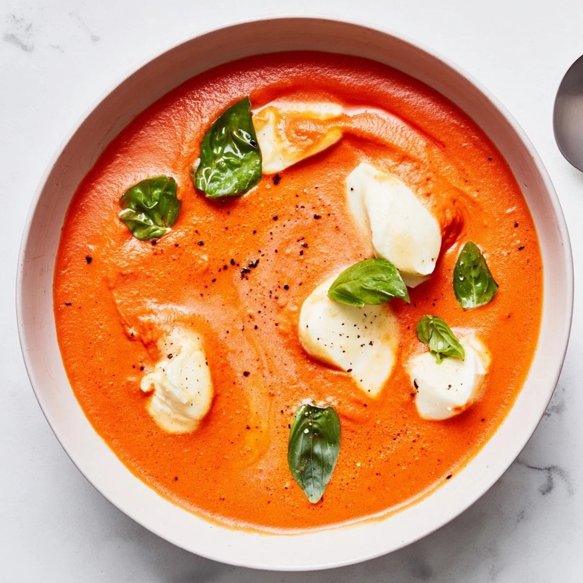 Thick and creamy, this Italian-style creamy tomato mozzarella soup offers a comforting, warm meal.