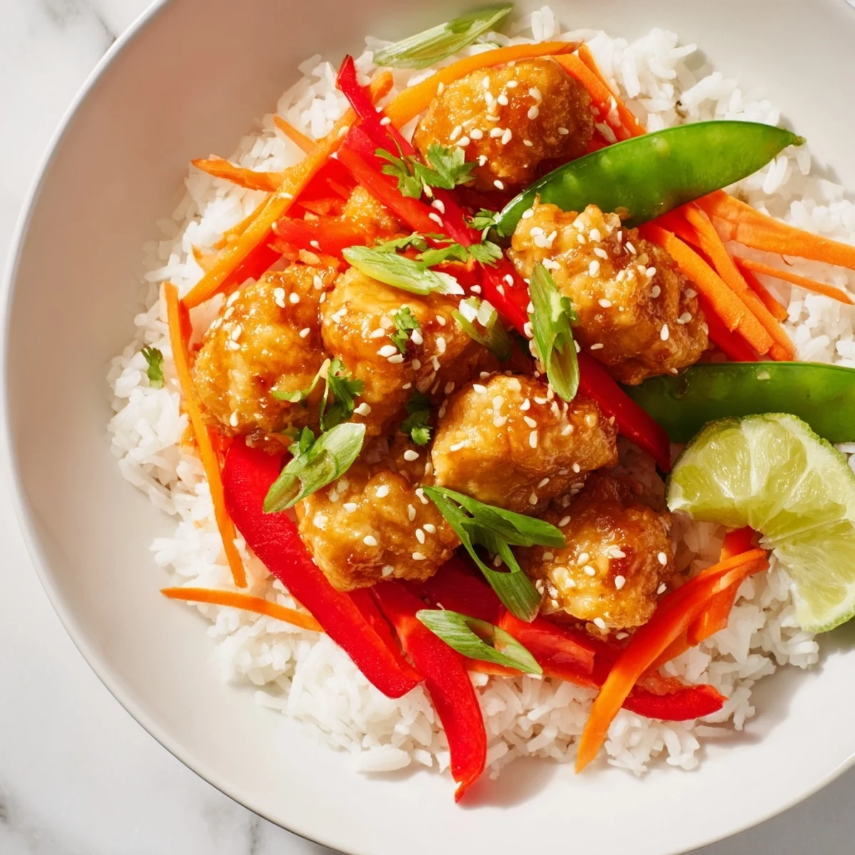 A tempting bowl of Sesame Ginger Rice Bowl, beautifully arranged with cilantro and lime wedges ready to eat.
