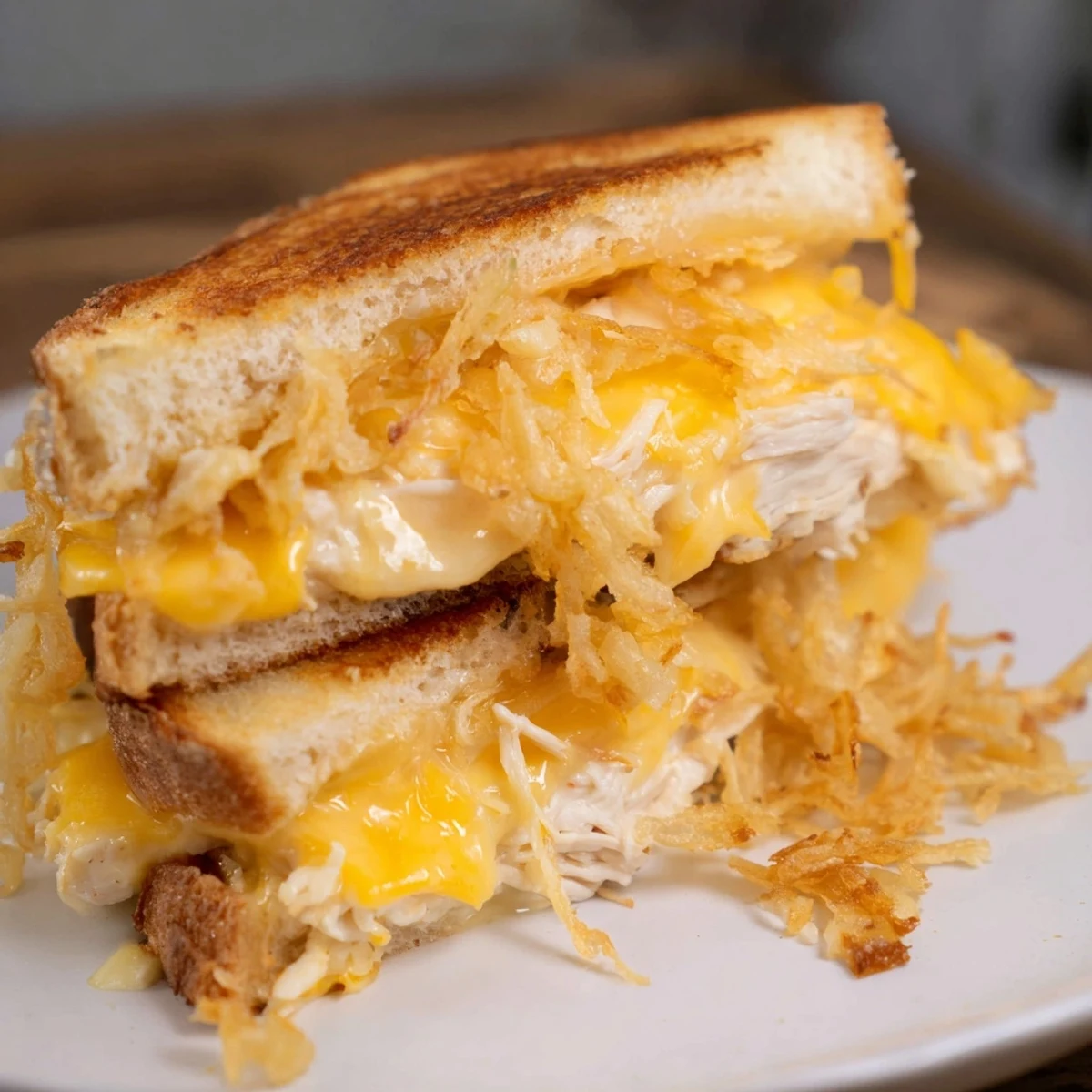 A close-up of a warm, cheesy Crispy Shallot Chicken Grilled Cheese, ready to be sliced and enjoyed, dinner ready.