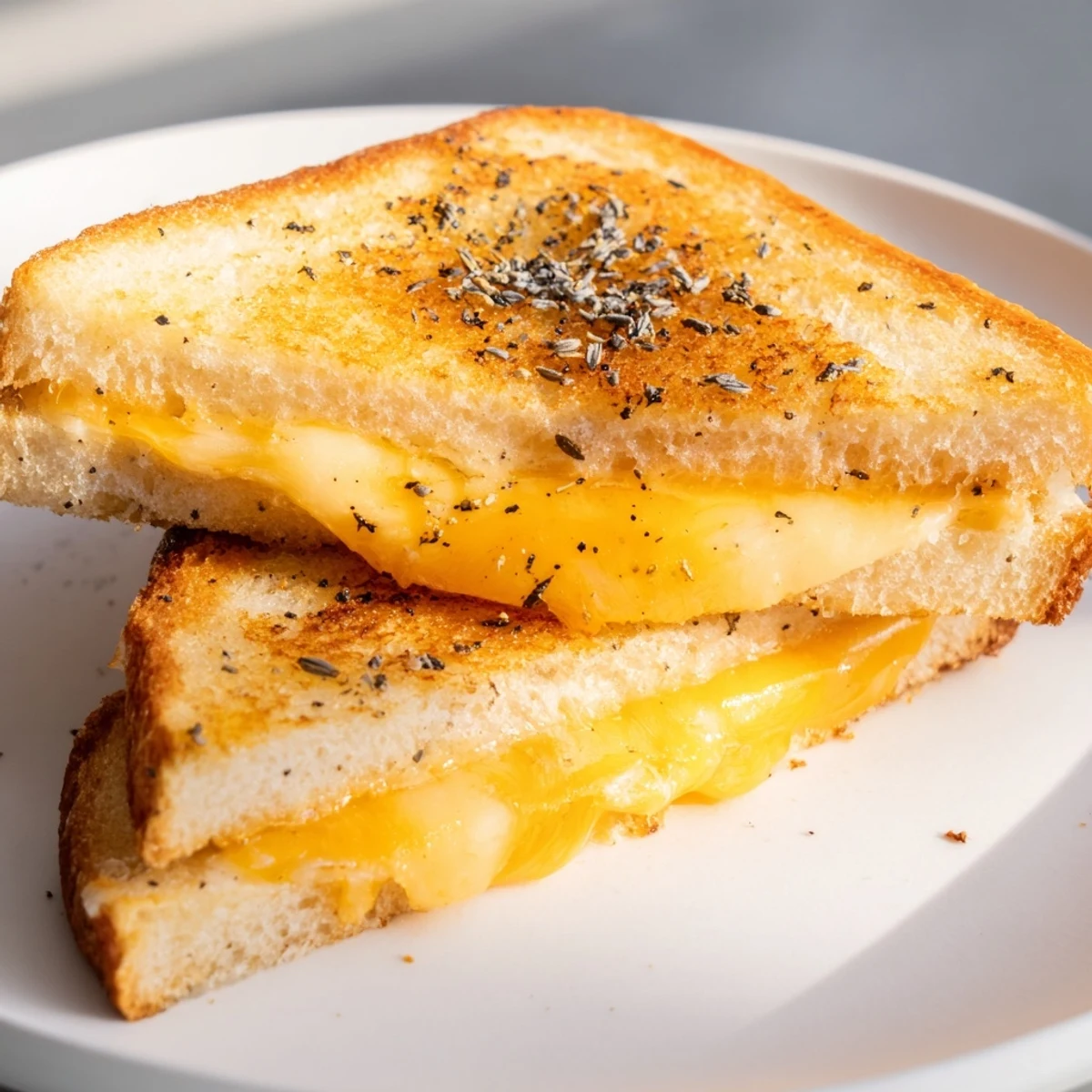 Golden, melty truffle oil grilled cheese oozing with sharp cheddar, ready to eat alongside tomato soup.