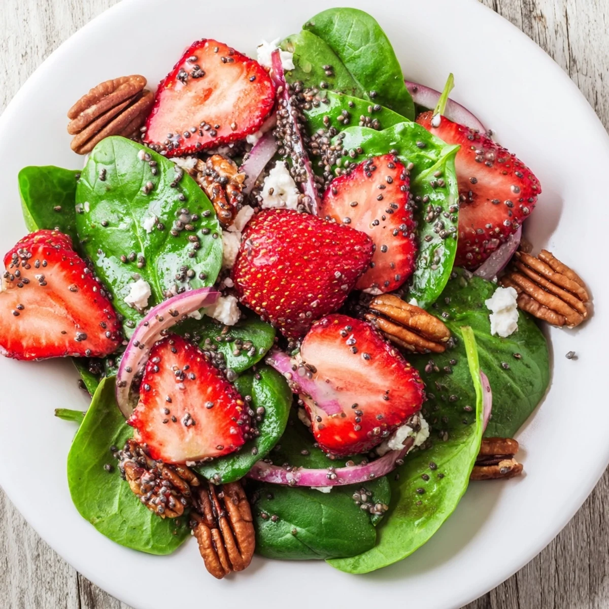 Fresh Spinach Strawberry Salad with glistening dressing, a light and refreshing summer dish.