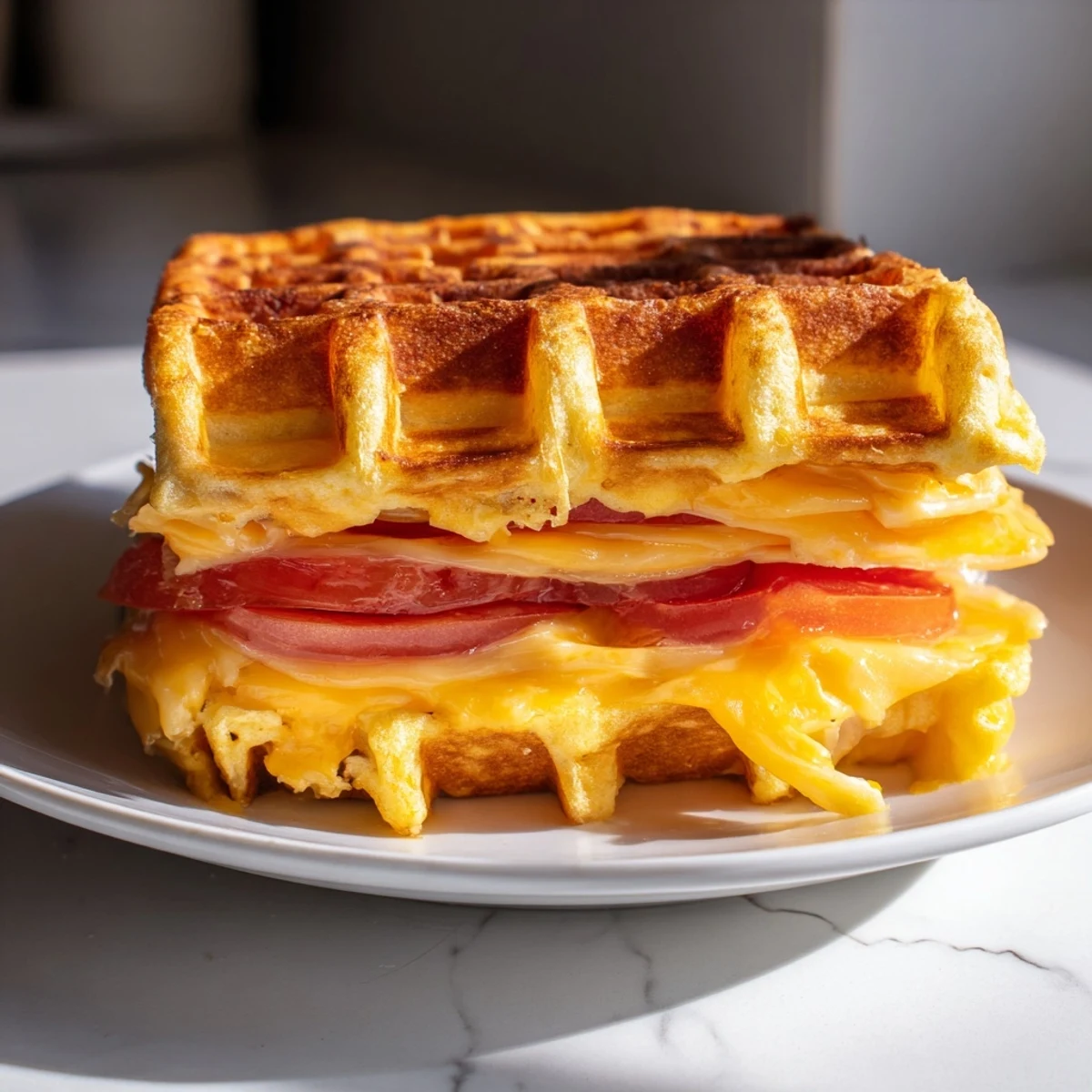 A perfectly cooked Waffle Grilled Cheese, the waffle maker's imprint giving a crunchy texture.