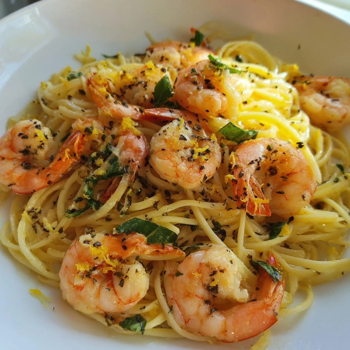 Close-up shot: steaming and delicious Lemon Herb Pasta with Shrimp, garnished with fresh lemon wedges.