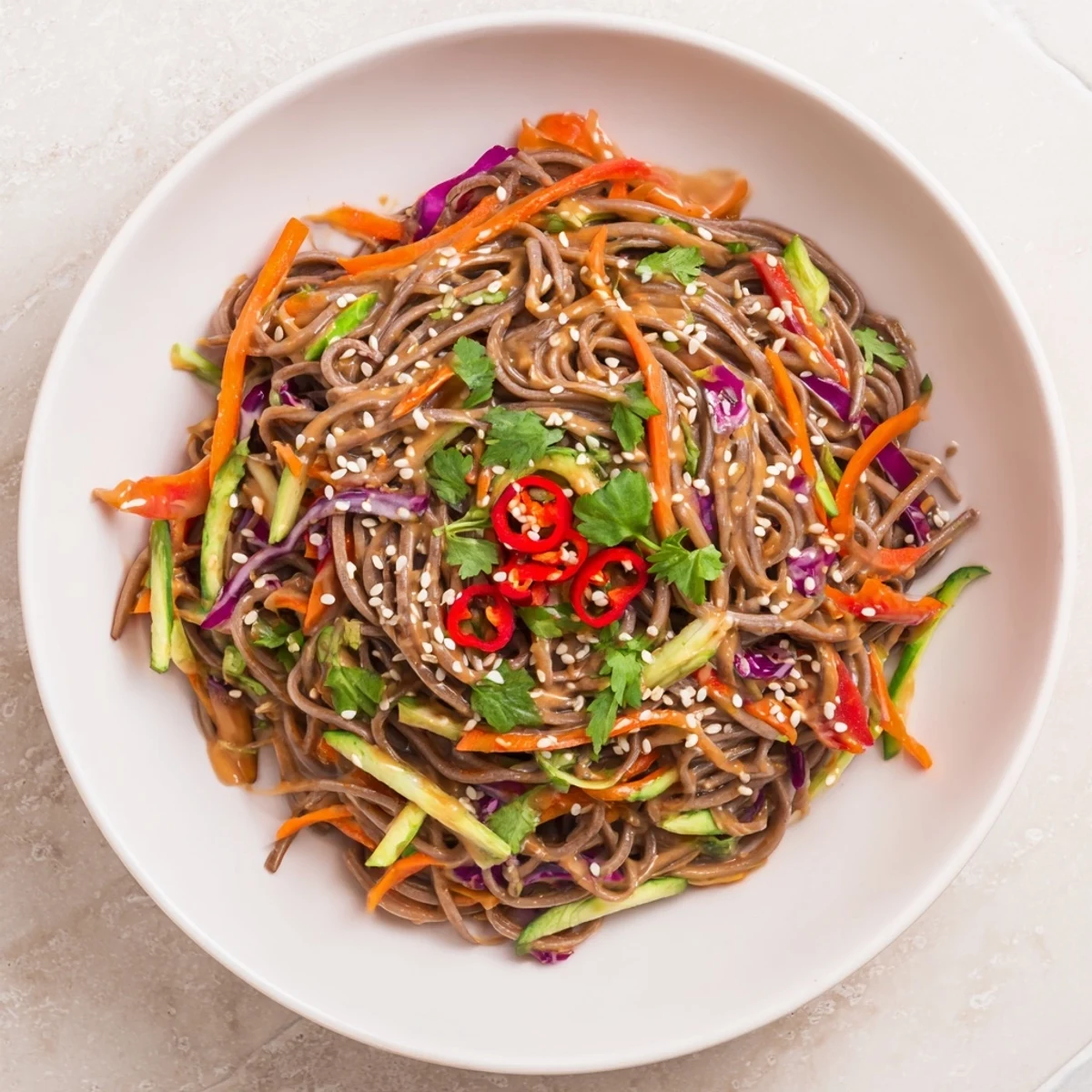 Cold and flavorful soba noodle salad tossed with vibrant vegetables and creamy peanut dressing.