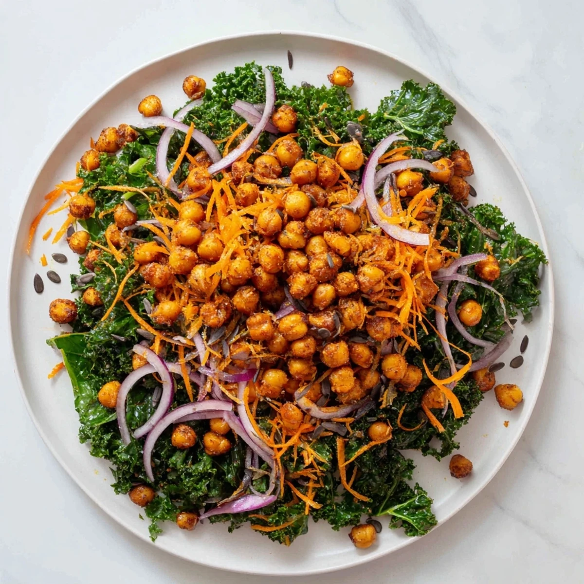 This bright Kale Salad with Roasted Chickpeas features tender kale mixed with a zesty dressing and spiced chickpeas.