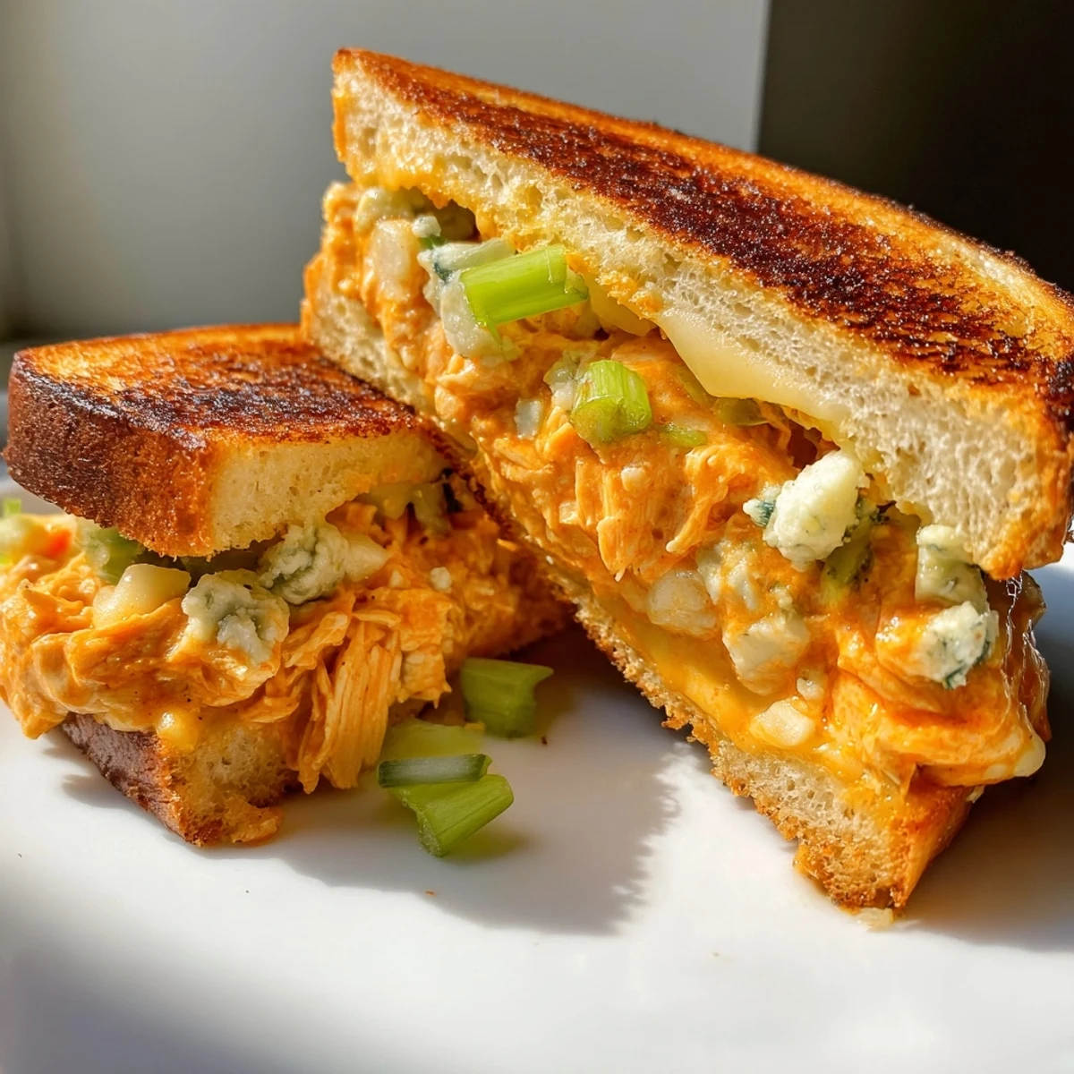 Golden, bubbly Buffalo Chicken Grilled Cheese, overflowing with melted cheese and spicy chicken filling.