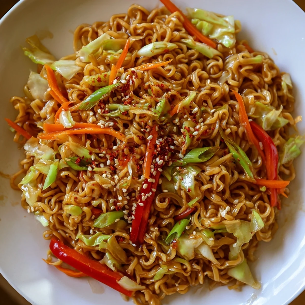 Steaming Spicy Ramen Stir Fry with vibrant vegetables, a quick and delicious weeknight dinner option.