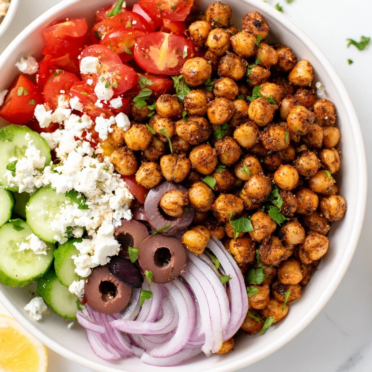 Golden roasted chickpeas in this Mediterranean Chickpea Bowl, layered with fresh vibrant vegetables.